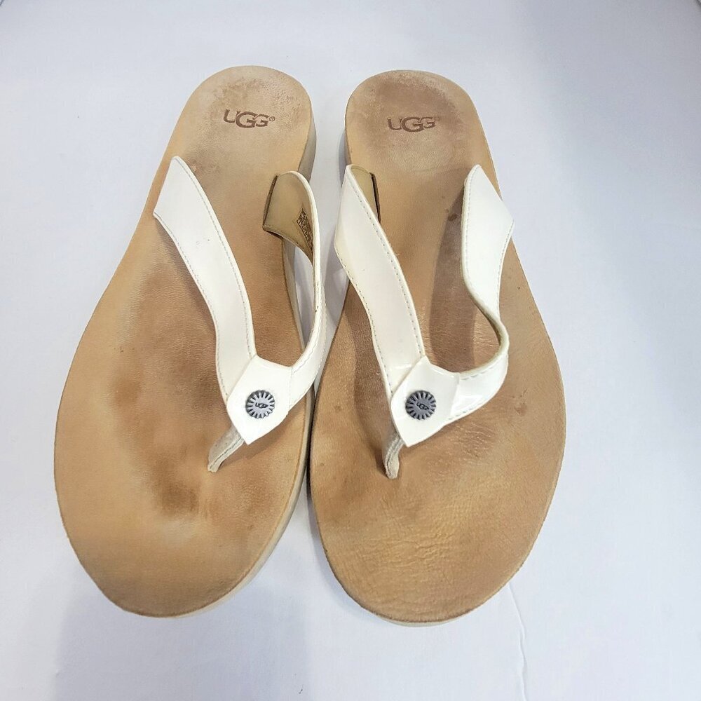 UGG Tawney Women’s 8 White Leather Thong Flip Flop Sandals